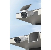 Deux vues d''une caméra de surveillance avec panneau solaire pour montage en extérieur.