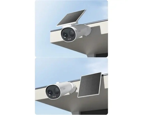 Deux vues d''une caméra de surveillance avec panneau solaire pour montage en extérieur.