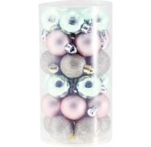 Christbaumkugeln in verschiedenen Designs und Farben in einer transparenten Röhre