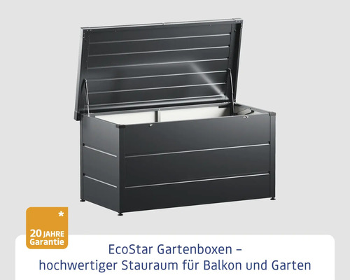 Geöffnete EcoStar Gartenbox für Balkon und Garten mit 20 Jahre Garantie