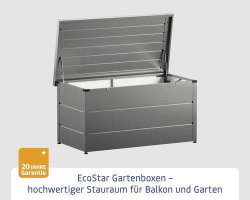 Geöffnete graue Gartenbox mit 20 Jahre Garantie