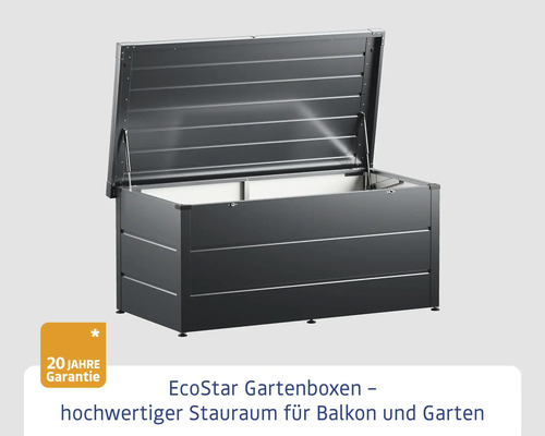 Geöffnete graue Gartenbox EcoStar für Balkon und Garten mit 20 Jahre Garantie