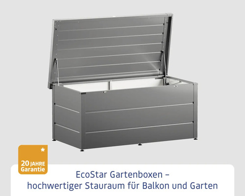 Geöffnete graue Gartenbox aus Metall für Terrasse und Garten