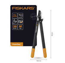 Fiskars Logo. Fiskars PowerGear Getriebeastschere L74 mit FiberComp und Antihaftbeschichtung, Schnittdurchmesser 38 Millimeter, Größe M, circa 55 Zentimeter lang und 18,3 Zentimeter breit.