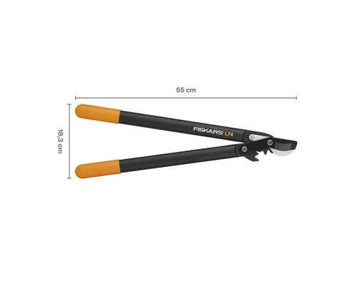 Fiskars L74 Getriebe-Astschere mit einer Länge von 55 cm und einer Breite von 18,3 cm.