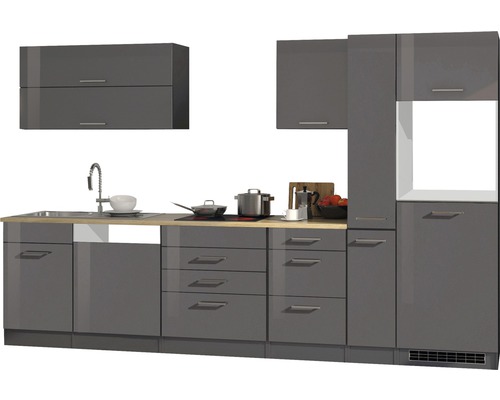 Bloc cuisine complète Held Möbel Mailand 330 cm façade gris à haute brillance, corps graphite variante réversible démonté