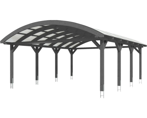 Holzcarport mit geschwungener Dachform und durchsichtigen Dachelementen
