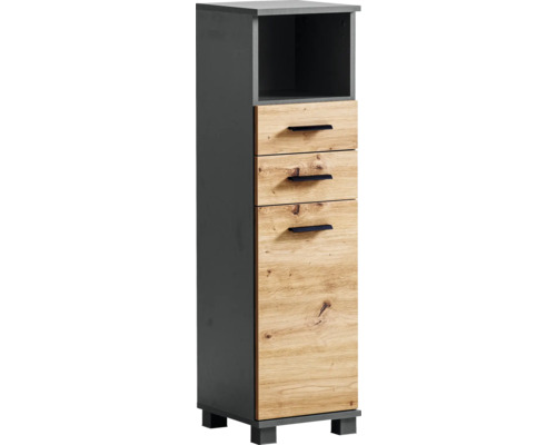 Highboard Möbelpartner Palermo BxHxT 30.3x110.5x32.6 cm artisan eiche/anthrazit Schmaler Badezimmerschrank mit drei Schubladen, einem offenen Fach und Füßen.