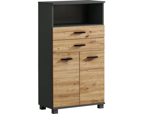 Meuble haut Möbelpartner Palermo lxhxp 59.8x110.5x32.6 cm chêne artisan/anthracite Commode avec tiroirs et portes aspect bois
