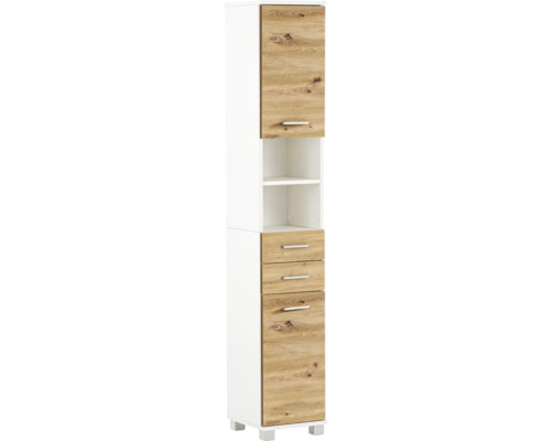 Armoire haute Möbelpartner Palermo lxhxp 30.3x180.9x32.6 cm chêne artisan/blanc Armoire haute avec porte, tiroirs et compartiment ouvert pour la salle de bains