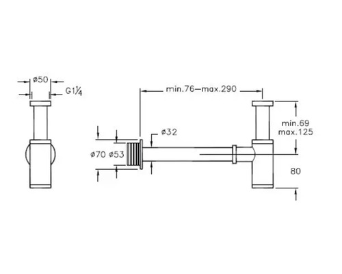 Technische Zeichnung eines Siphons mit Maßangaben