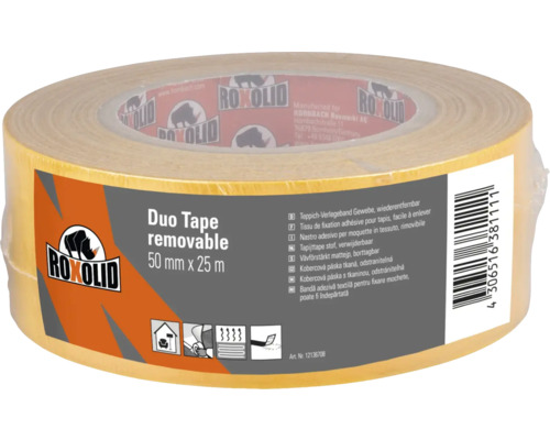 Ruban adhésif double face ROXOLID Duo Tape Ruban adhésif pour moquette - Peut être retiré sans résidus - marron 50 mm x 25 m Ruban adhésif double face Roxolid, 50 mm x 25 m