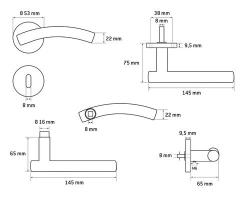 Dessin technique d''une poignée de porte avec indications de dimensions