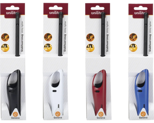 Mehrere Stabfeuerzeuge der Marke Unilito in verschiedenen Farben verpackt