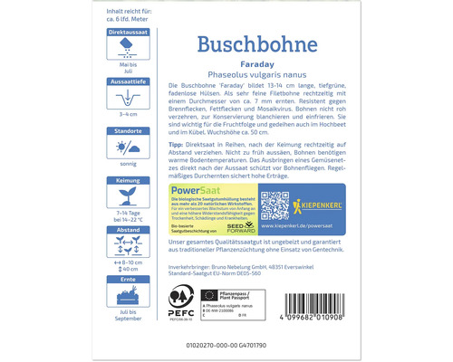 Informationen zu Buschbohnen der Sorte Faraday mit Hinweisen zu Aussaat, Standort und Erntezeit