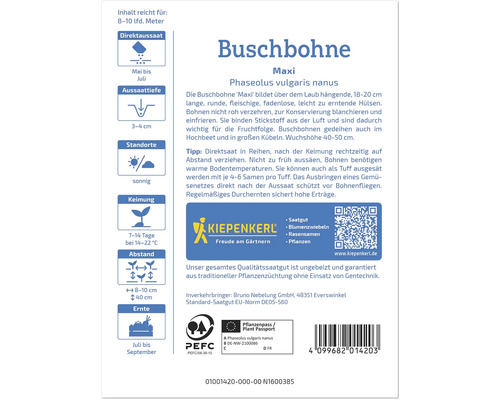Buschbohne Maxi Saatguttüte mit Informationen zu Aussaat, Standort und Erntezeit