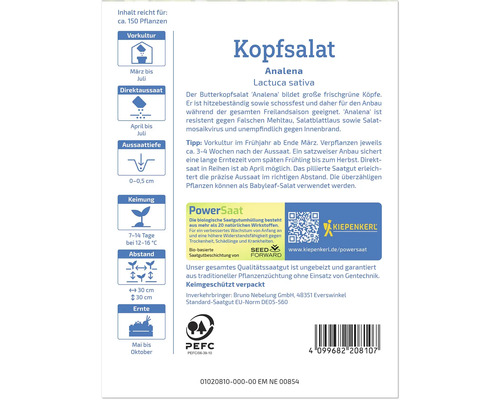 Sachet de graines de laitue pommée Analena avec informations sur le semis et la récolte