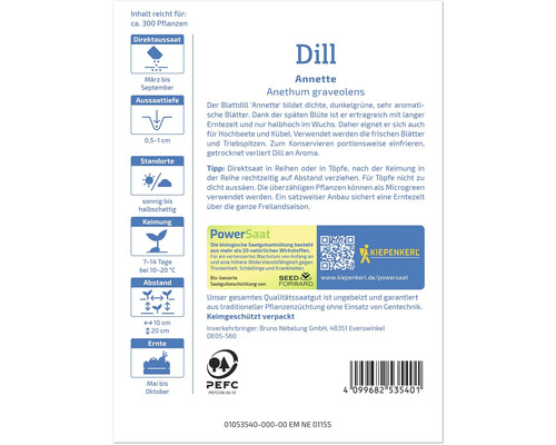 Dill ''Annette'' Saatgutpackung mit Informationen zu Aussaat, Standort und Erntezeit