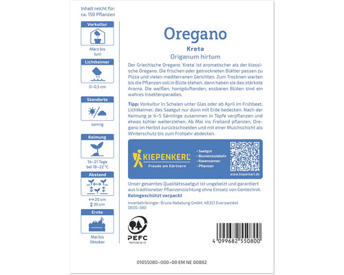 Paquet de graines d''origan de la variété Crète avec des informations sur la culture, l''emplacement et la période de récolte