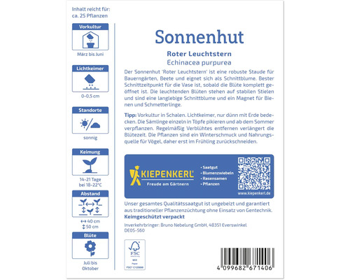 Paquet de graines de Rudbeckia ''Étoile Rouge'' Echinacea purpurea avec des informations sur la culture préliminaire, l''emplacement, la germination, l''espacement et la période de floraison.