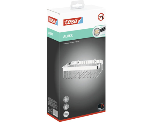 Verpackung einer Tesa Aluxx Duschablage mit den Maßen 300 x 87 x 147 mm