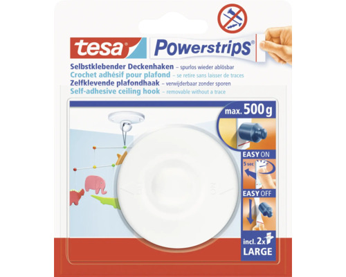 Tesa Powerstrips Crochets adhésifs pour plafond, se retire sans laisser de traces, charge maximale 500 grammes, deux pièces taille Large