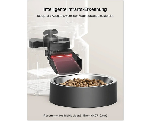 Distributeur automatique de nourriture avec détection infrarouge et gamelle remplie de nourriture