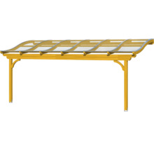 Holzcarport mit geschwungener Dachform und transparenter Bedachung