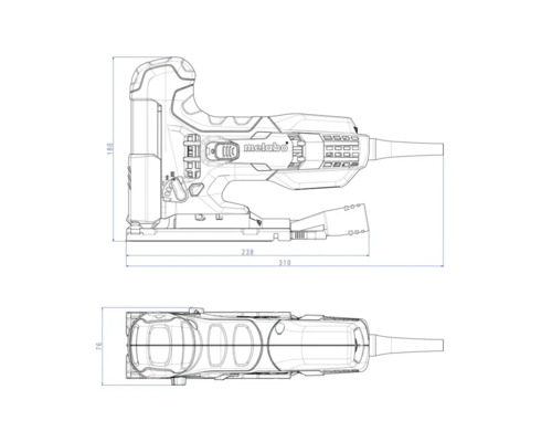 Dessin technique d''une scie sauteuse Metabo avec dimensions