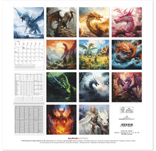 Drachenkalender mit zwölf verschiedenen Drachenmotiven und Kalendarium