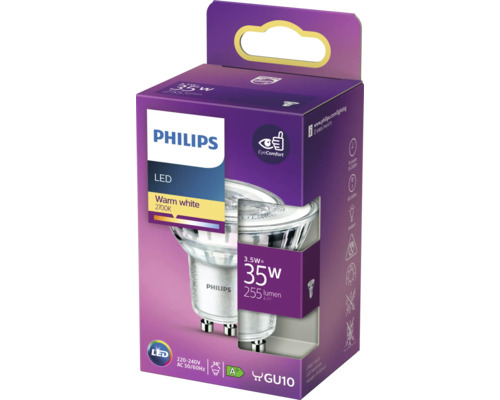 Ampoule LED Philips GU10 3,5 watts, blanc chaud dans l''emballage