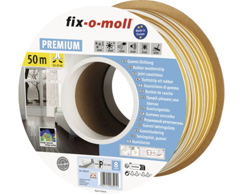 Joint profilé en P fix-o-moll autocollant blanc 50 m 5,5 x 9 mm Joint d''étanchéité en caoutchouc Fix-o-moll, rouleau de 50 mètres