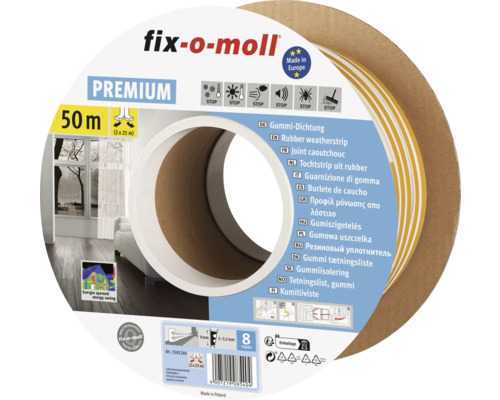 fix-o-moll E-Profildichtung selbstklebend weiß 50 m 4 x 9 mm Fix-o-moll Premium Gummidichtung, 50 Meter Rolle