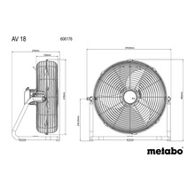 Dessin coté d''un ventilateur avec les dimensions 270 mm, 120 mm, 418 mm, 476,6 mm, 460 mm et 239,25 mm, ainsi que le logo Metabo