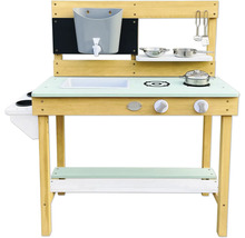 Cuisine pour enfants en bois avec évier, robinet, plaques de cuisson et étagères