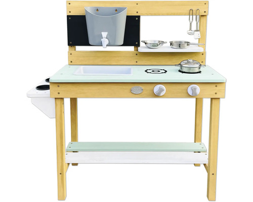 Cuisine pour enfants en bois avec évier, robinet, plaques de cuisson et étagères