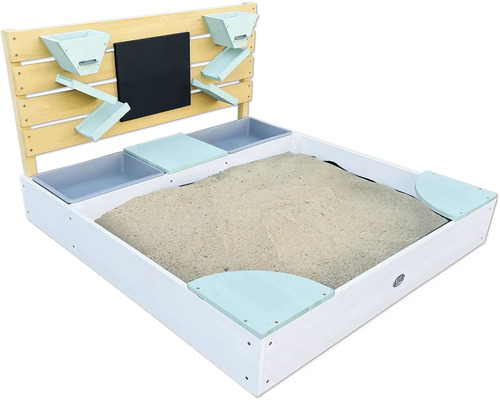 Bac à sable avec mur d'activités Cato axi 100 x 105 x 59 cm bois blanc marron vert Bac à sable avec aire de jeux aquatiques et tableau