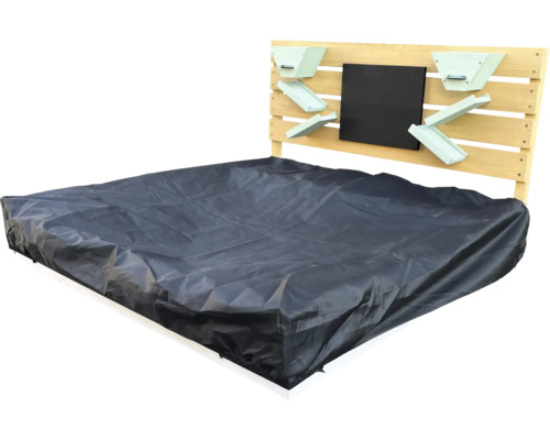 Bac à sable avec housse de protection, jouets et tableau noir