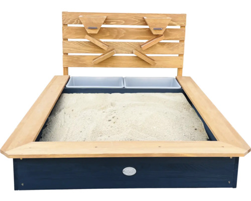 Bac à sable en bois avec deux entonnoirs à sable et deux récipients en plastique