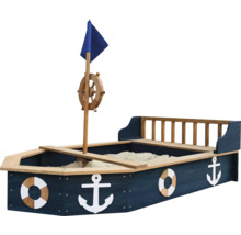 Sandkasten in Bootsform mit Steuerrad, Flagge und maritimen Symbolen