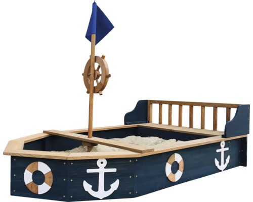 Sandkasten in Bootsform mit Steuerrad, Flagge und maritimen Symbolen