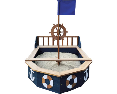 Sandkasten in Form eines Schiffs mit Flagge, Steuerrad und maritimen Motiven