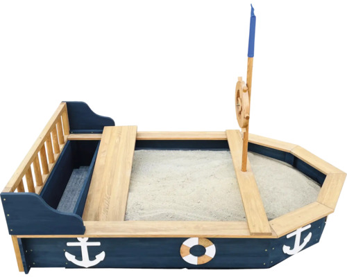 Sandkasten in Bootsform mit Spielsteuer und Anker-Motiven
