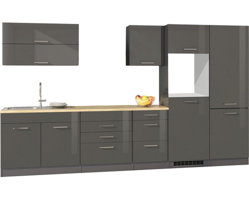 Bloc cuisine complète Held Möbel Mailand 350 cm façade gris à haute brillance, corps graphite variante réversible démonté