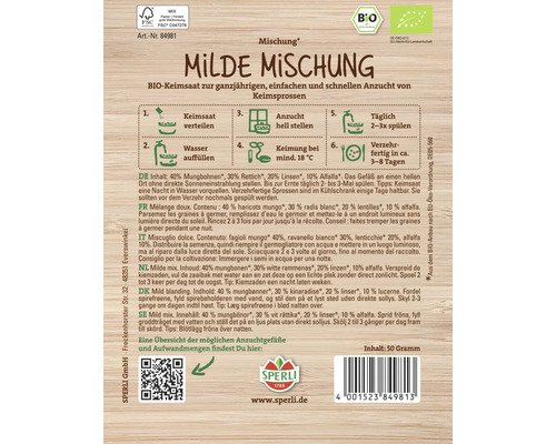 Bio Keimsaat Milde Mischung von Sperli für die Anzucht von Keimsprossen