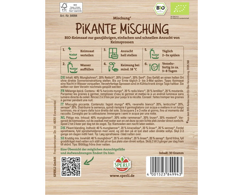 Sperli Pikante Mischung Keimsaat Packung mit Anzuchtanleitung