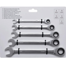Jeu de clés mixtes à cliquet cinq pièces, tailles huit, dix, treize, quatorze et dix-sept millimètres