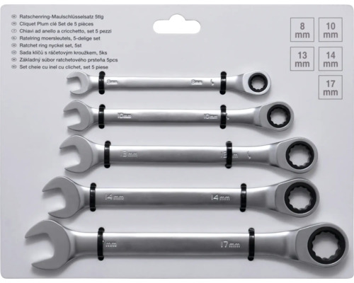 Jeu de clés mixtes à cliquet cinq pièces, tailles huit, dix, treize, quatorze et dix-sept millimètres