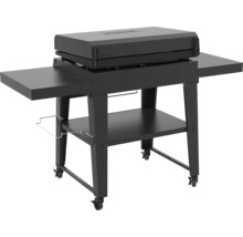 Chariot de barbecue noir avec surfaces de rangement et roulettes