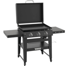 Barbecue à gaz noir avec trois brûleurs, couvercle et surfaces de rangement sur les côtés